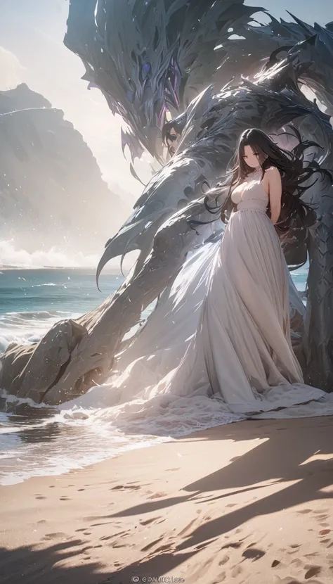 (best quality, masterpiece:1.2, 8k, 4K, extremely detailed CG), A beautiful woman is fighting monsters on the beach, 