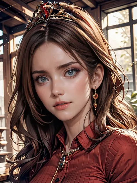 a middle-aged woman with long flowing red hair, beautiful detailed eyes, beautiful detailed lips, extremely detailed face, longeyelashes, wearing a red shirt and a golden tiara on her head, photorealistic, masterpiece, professional, ultra-detailed, realist...