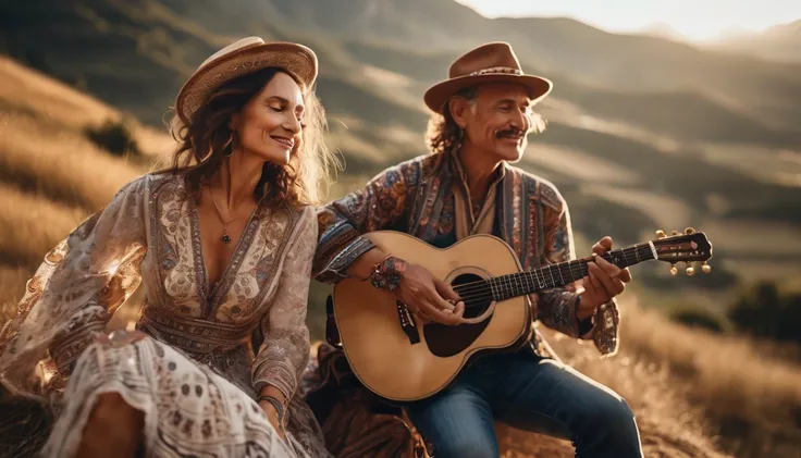 ((best quality)), ((masterpiece)), (detail), perfect face, close-up photo of middle aged love couple playing guitar in a romantic space, valley scene with intricate details, shot by sony a7iv with lens 15mm,wear boho style clothes slight smile, shimmering ...