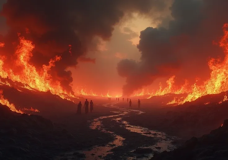 A desolate, fiery landscape with billowing red and orange flames rising from the ground. The sky is dark and overcast, heavy with smoke. In the distance, twisted shadows of souls are barely visible in the burning chaos. The atmosphere is filled with an ove...