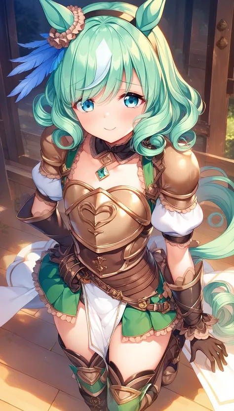 masterpiece , 1girl , umamusume , short stature , Ultra detailed game cg , horse ear , [cherry cheek] , shy smile , light mint green hair , hair over eyes , bangs , curly bob , short stature , fair skin , flat chest , wide hip , (curvy thigh) , archers out...