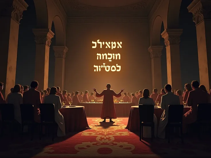  Dark animation showing the moment when a mysterious hand emerges and writes the Aramaic words Mene , Mene , TEQUEL,  Parsim on the wall of King Belshazzars banquet hall , In Babylon. The atmosphere is luxurious and grand , but,  as the hand appears and be...