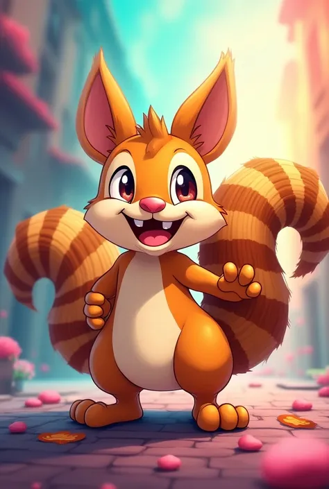 A cool rhythm game styled squirrel, cartoon, Squirtle teeth, striped tails, big fluffy squirrel tails, two tails tail,