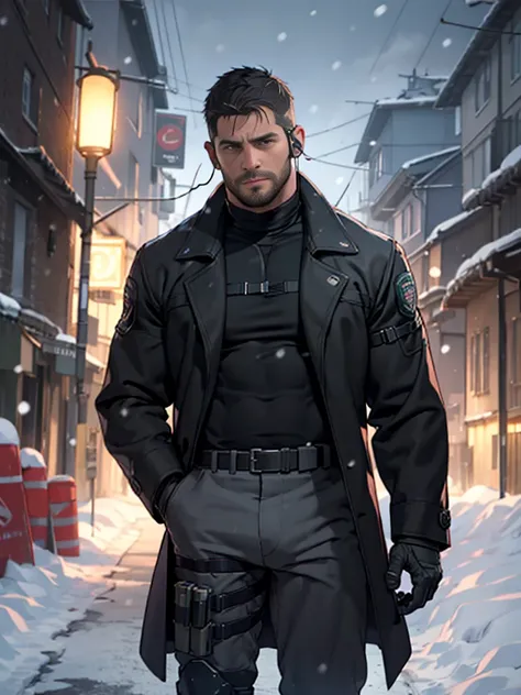 Dark gothic village in the background, old Chris Redfield from Resident Evil 8, 48 year old, muscular male, tall and hunk, biceps, abs, chest, black trenchcoat, black trousers, shoulder holster, earpiece, belt, thick beard, cold face, holding an assault ri...