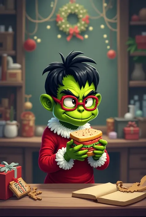 girls 
Pixart-style Grinch with black hair,with red glasses, Miniature small sandwich 
In the hand,with Christmas craft workshop background 