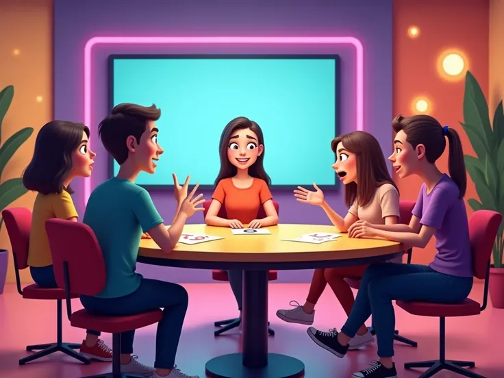 
" Create a vibrant scene from an interactive game called Truth or Men Take .  The setting must be modern and colorful ,  with a central game table and animated players seated around .  The table has question and answer cards ,  and a large digital display...