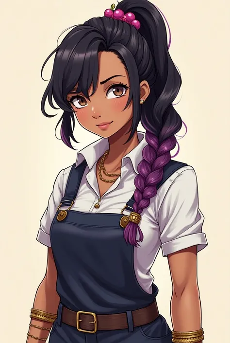  make an image in the manga style of my Oc do Mango Gachio Akuta with these descriptions:
 A woman with light brown skin ;  hair tied in black braids that goes in black  (Cor Natural)  for lilac ; oblique eyes and hazelnut color;  her clothes belong to a m...