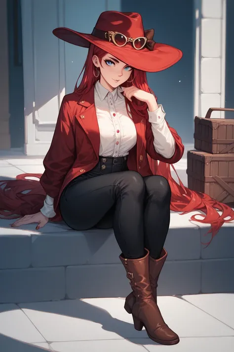 Woman, long red hair, blue eyes, red hat, red button-down blouse, black pants, Brown boots with fur , cowboy style,Sitting 