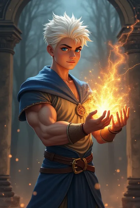 Semi-realistic cover art featuring a strong 16-year-old boy with white hair and blue eyes, standing confidently as he performs a powerful magic spell. His build is muscular, showing his strength and determination. The background hints at themes of magic, p...