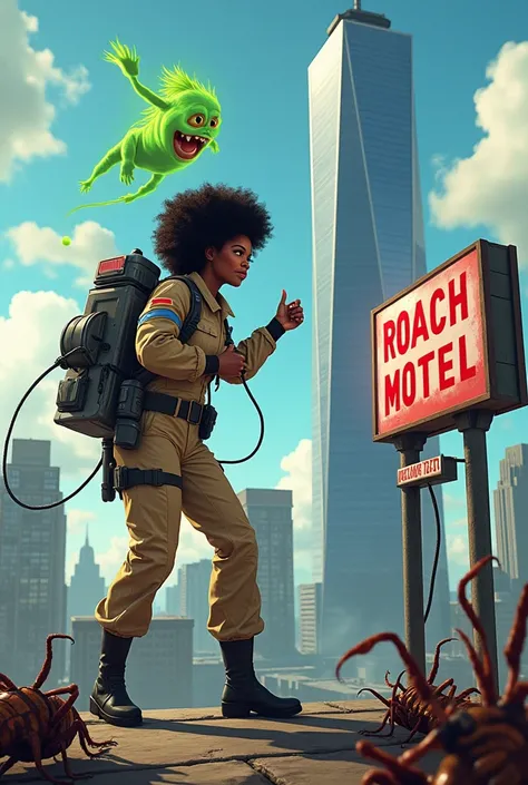 Oprah Winfrey ghostbusting on top of the world w/ ghostbusters slimer ar_16...surrounded by cartoon roachez at the roach motel.