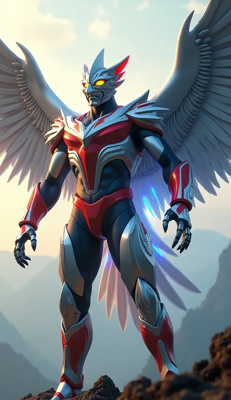  A fusion between Ultraman and an immense eagle ,  hanging over a mountainous setting at dawn .  The body is a mixture of Ultramans heroic forms with gigantic wings silver metallic feather details and red details.  The face combines Ultramans visor and hel...