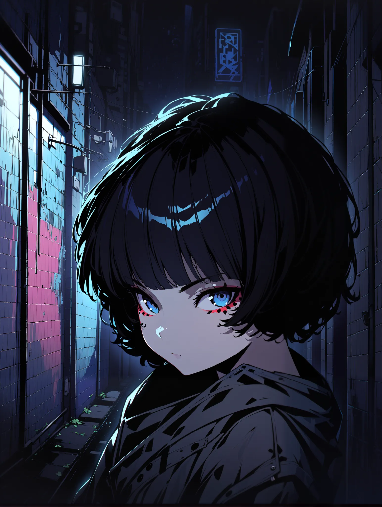 {{{Shincos (Shincos),  Kuvshinov Ilya ( Kuvshinov Ilya), no human}}},  1 girl,  short hair, blue,  close your mouth,  watching viewers,  Facial beauty,  bust up,  Back alley of the city,  Midnight Back Alley,  topless