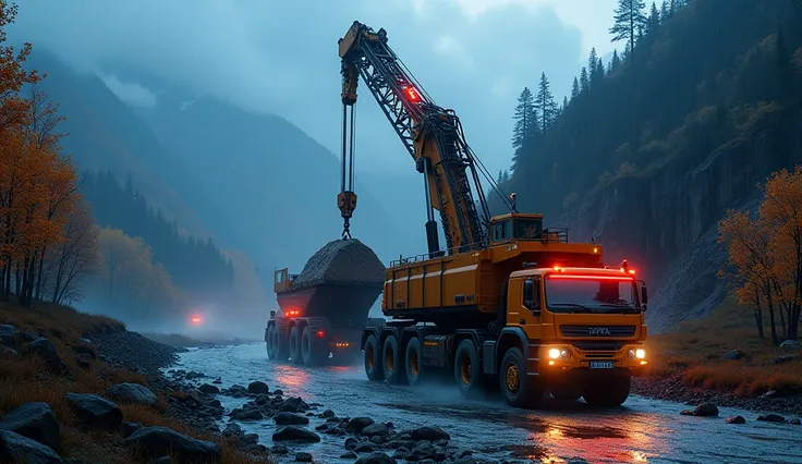 Excavator loading ,hyva , neon light, night view, super light, mountain, river, autumn trees, misty rainy atmosphere, dim lighting, (best quality,4k,8k, high resolution,masterpiece:1.2),ultra-detailed,(realistic,photo realistic,photo-realistic:1.37)