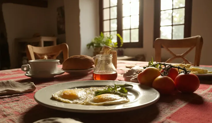 a picture of a gourmet breakfast served in a classic farm house at dawn, the breakfast consists, two fried eggs, some herbs on the eggs, steamy loaf of bread, small bowl  with olive oil, fresh tomatoes, some cheese, best details, best quality, 16k, [ultra ...