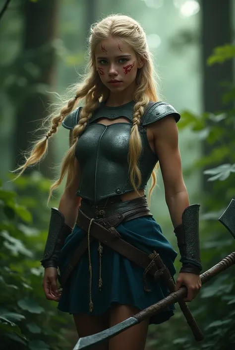 Beautiful teen swediah girl wearing grey chest plate armor with blue miniskirt. Blonde hair in 2 braids, lightning battle axe. Viking face paint. Forest background. 