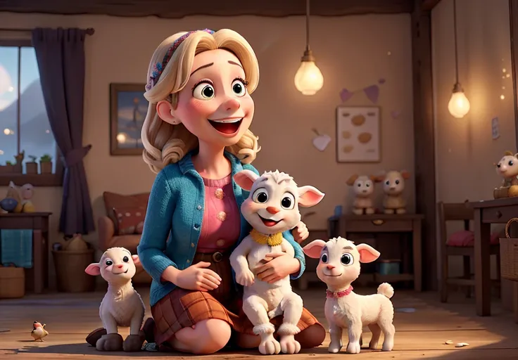 3D cartoon scene in Disney-Pixar style: Show a joyful, colorful scene with Mary, mother of Jesus, smiling kindly and holding baby Jesus in her arms. The scene is filled with vibrant, soft colors, and friendly animals like lambs and birds gather around her....