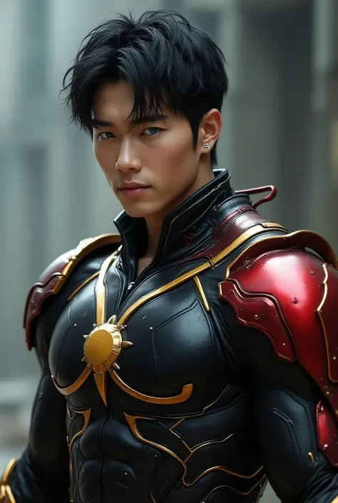 Hyper realistic image of a muscular korean male. Blue eyes. Futuristic. Wears futuristic crop mecha armor. Showing his abs. Black gold and red colour. Futuristic earpiece.  Futuristic background. Dynamic image. Solo, Looking at viewer, High Resolution, Ana...