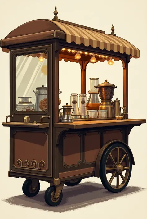  A vintage style sweet milk tea trolley ,   an alternating dark brown and beige vehicle ,  there is a small 2-compartment glass cabinet and a 2-compartment shelf below, a shelved vehicle gives ,  large square covered car, xe lớn