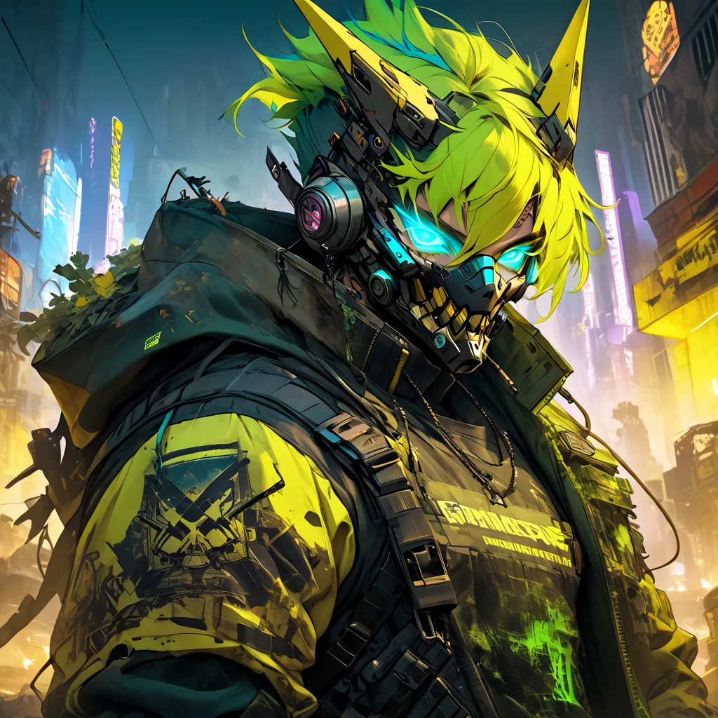 cyborg, 1_man_cyberpunk_2077, barghest, neon yellow and black techwear, burning post apocalyptic las vegas backdrop, neongreen p...