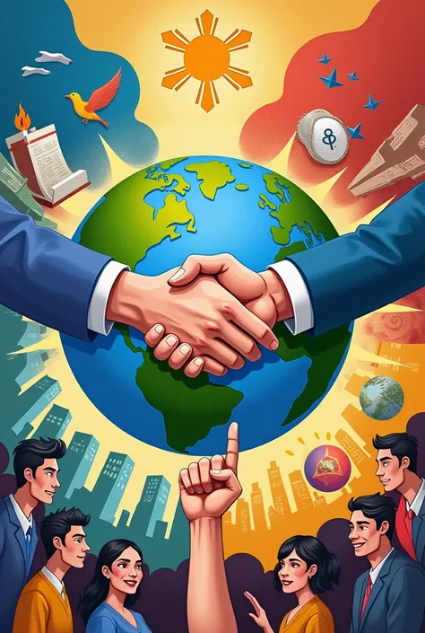  "POSTER"! About this lesson Understanding Culture Society & Politics -- This artwork appears to be a professional drawing depicting a complex vision of the world.  The central image is a handshake over a globe, symbolizing global cooperation.  Surrounding...