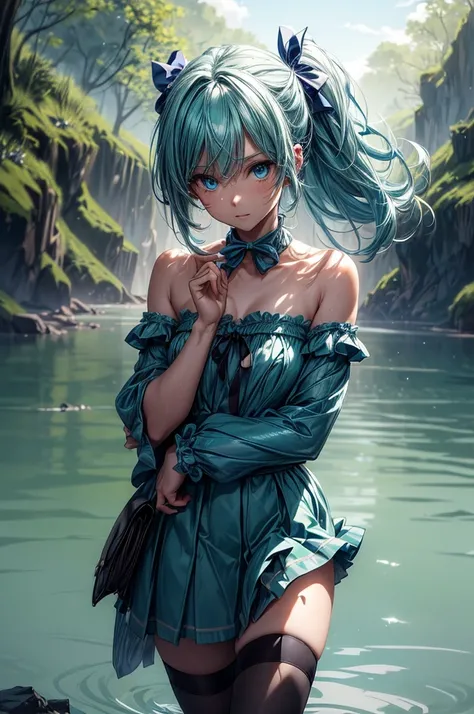 (Masterpiece),best quality, expressive eyes, perfect face, mature Aqua,long light blue hair, partially tied into a loop with a blue spherical clip,bangs,blue eyes, wearing blue skirt,blue shirt,bare shoulders,detached sleeves,thighhighs, green bow,choker, ...