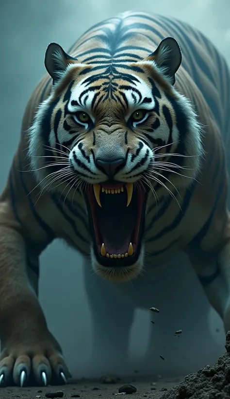 Create an HD image of a terrifying hybrid creature combining the features of a tiger and a whale into one seamless, monstrous entity. This creature should have the powerful, muscular body and claws of a tiger, blended with the streamlined, massive form of ...