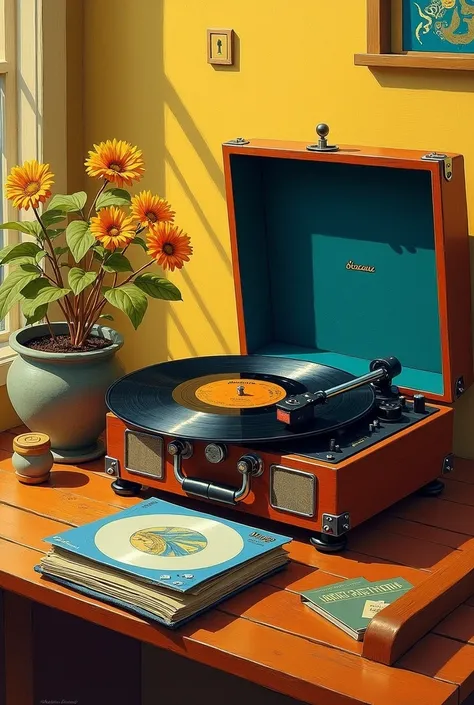 Create an image of a vintage record player with some records on the side and a flower pot on the side .  the image is in the Van Gogh style as if it were a painting of him with his iconic brushstrokes