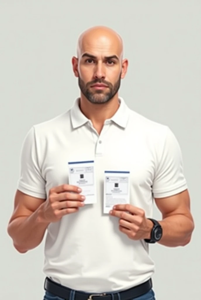 Now create the photo of that same bald, dark-haired man in the white polo shirt that you created on the sheet of paper but create him holding a front and back ID and the front and back ID white polo shirt he is thinner and darker create the same one but wi...