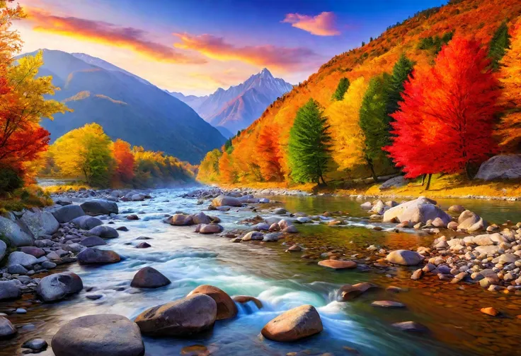 Masterpiece, best composition, best quality, autumn foliage landscape, view with river rocks and trees background, vibrant water river, breathtaking water river, scenic colorful environment, rich painterly colors, mountains river trees, very colorful lands...