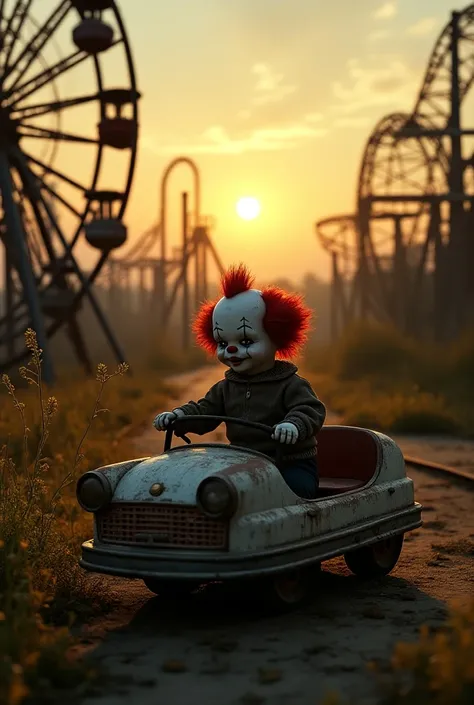 A run-down amusement park at sunset. The Ferris wheel is rusty, the roller coaster tracks are twisted, and vines are growing over the abandoned rides. In the distance, a lone clown doll sits eerily in a broken bumper car.