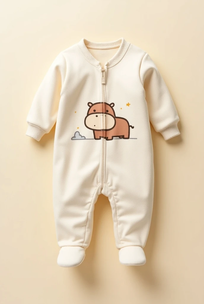 baby pajamas open at the front with zipper in beige with the drawing of a baby hippopotamus on the front