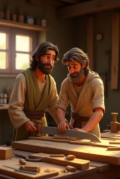 Jesus with his father ,  they are both carpenters and are sawing wood, estilo disney pixar, 3D Realism.