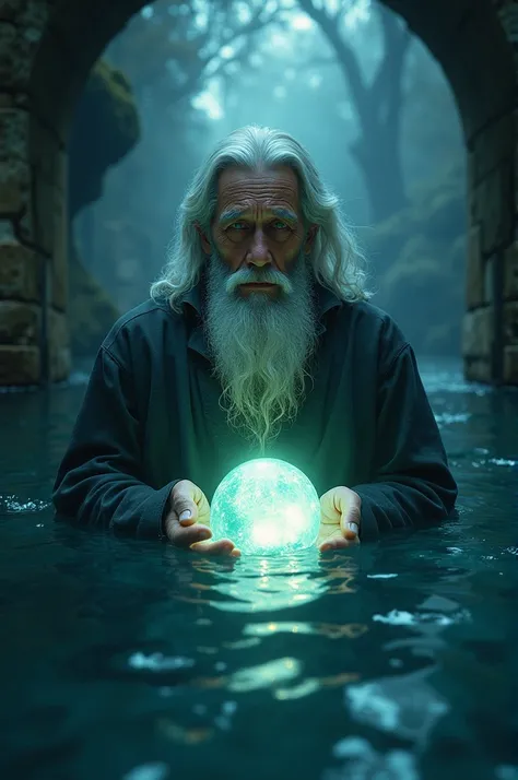 Scene 3: Inside the well, an old man with a mystical appearance holds a glowing, radiant stone. His eyes reflect wisdom and sorrow, and the water around him shimmers.