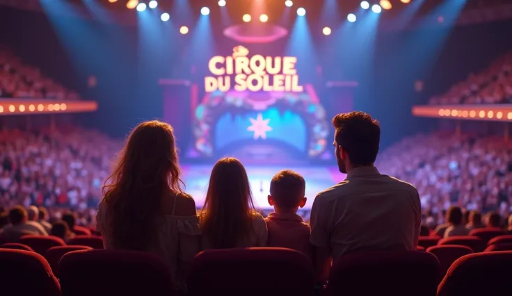 beautiful married couple with two girls 5 and , in a full concert hall of Cirque du Soleil, sitting in chairs with their backs to the camera, against the background of the circus arena with acrobats and the inscription “Cirque du Soleil”.