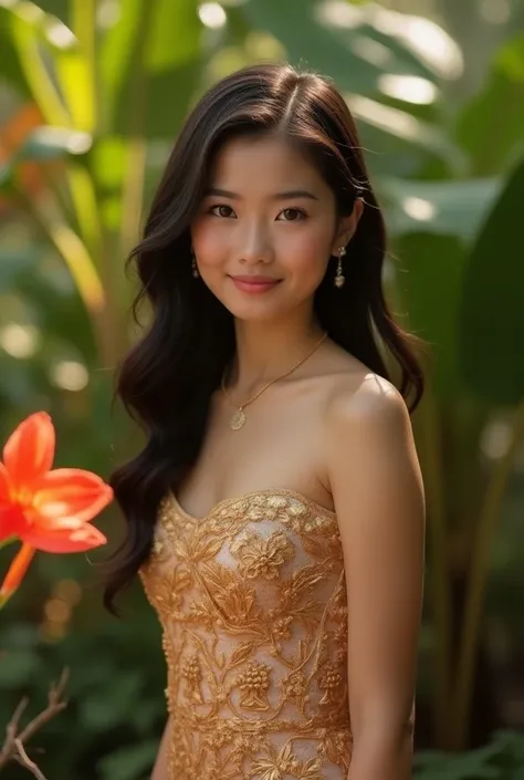 A beautiful Thai girl with enchanting almond-shaped eyes that convey both mystery and confidence. Her long, dark hair cascades in soft waves down her back, and she wears an elegant, traditional Thai dress with intricate gold embroidery that hugs her figure...