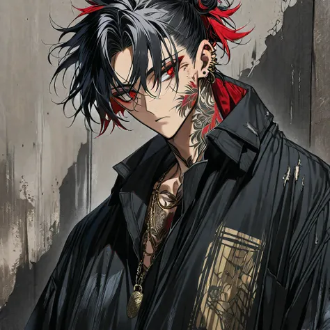 (Alone), (1 male), (Black hair with red inner hair color),  (ponytail),(Man Bun),(Red eyes), (Black Shirt),(a dirty look),( Stylish),(Ear Piercing),(tattoo on neck), (gold necklace),(Oversized shirt),(Face up)