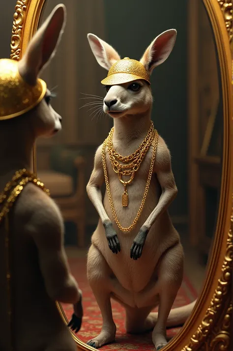 A kangaroo taking a picture in the mirror wearing a gold cap and chains