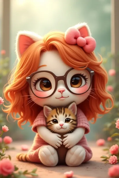 Create a Hello Kitty with red hair ,  with wavy hair,  has brown eyes and wears glasses and is a lover of a kitten in a tabby shape