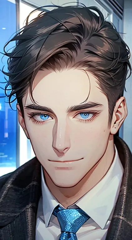 (best quality,4k,8k,highres,masterpiece:1.2),ultra-detailed,(realistic,photorealistic,photo-realistic:1.37),1 man,31 years old,mature man,very handsome,without expression,smile,short grey black hair,blue eyes,penetrating gaze,perfect face without errors,im...