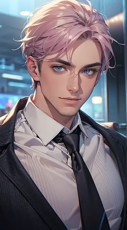 (Highest quality,4K,8K,High resolution,masterpiece:1.2),Super detailed,(Realistic,photoRealistic,photo-Realistic:1.37),1 personld,Mature Men,Beautiful skin、very handsome,Expressionless,smile,Short gray pink hair,blue eyes,Sharp Eyes,A perfect face without ...