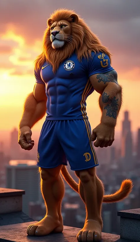 A fierce, muscular humanoid lion named Stamford, the mascot of Chelsea FC, standing tall on a rooftop at dusk, overlooking the city skyline. His golden fur glows in the fading light of the sunset, and his rippling muscles are visible as he stands with a po...