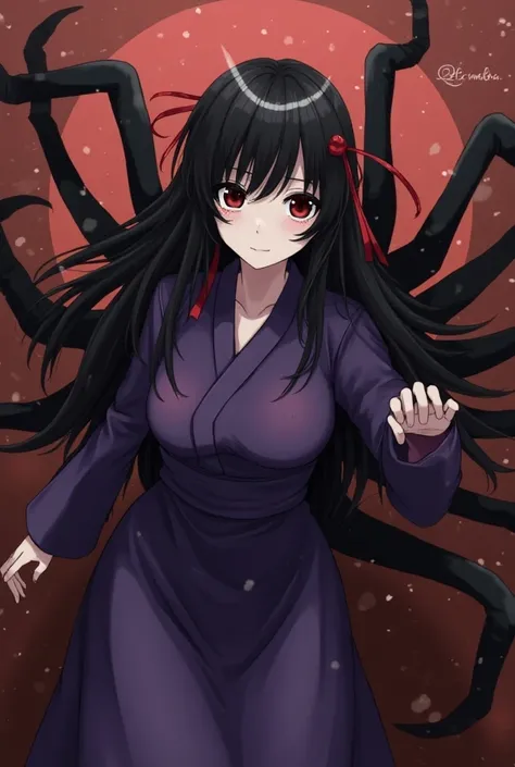 Anime character,  demon,  black hair , 6 Eyes l , breasts,  seen from above, thin legs,  6 thin arms , Spider paws , purple robe, Closed mouth, Tears, wanted, gentle smile,  black eyes with red pupils,  Demonic mask ,  Red hair ribbon 