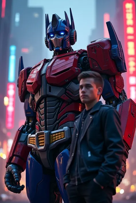 Create a stunning and detailed image featuring Optimus Prime in his iconic, powerful form. In the foreground, depict a 20-year-old person with a clean-shaven face and a normal, athletic body type, standing confidently. The background should be an epic, fut...