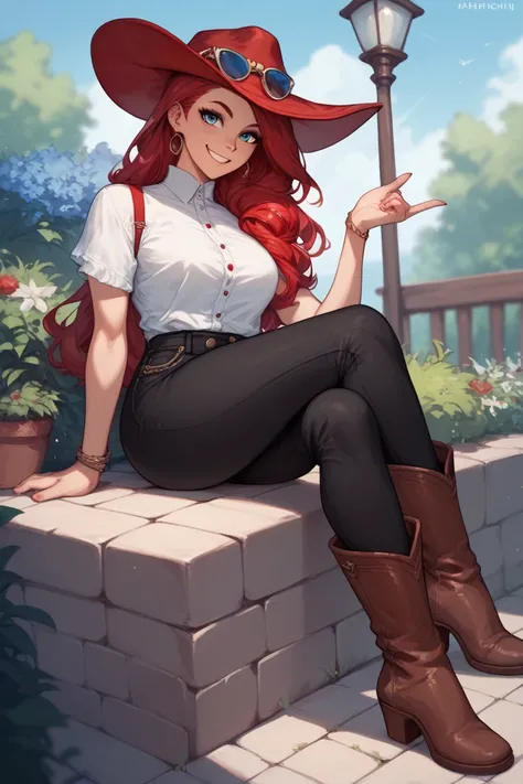 Woman, long red hair, blue eyes, red hat, red button-down blouse, black pants, Brown boots with fur , cowboy style,Sitting ,Smiling,