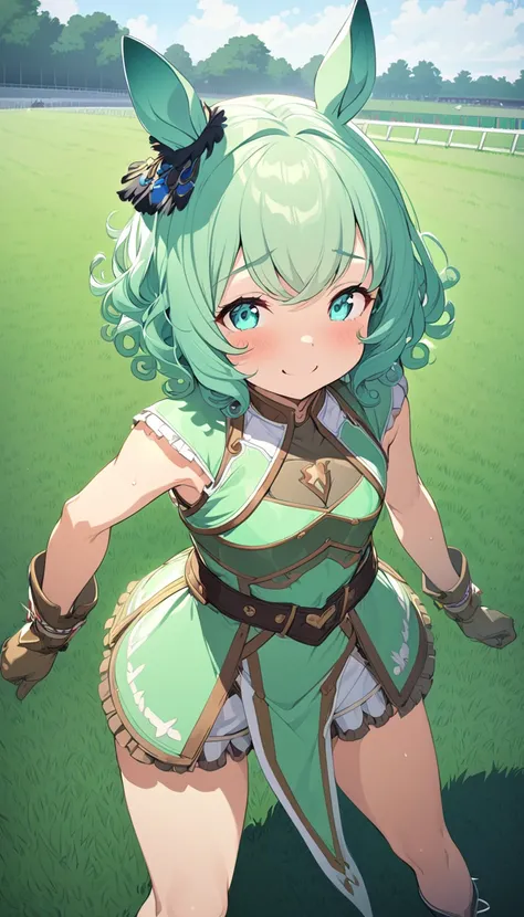 masterpiece , 1girl , umamusume , short stature , Ultra detailed game cg , horse ear , [cherry cheek] , shy smile , light mint green hair , hair over eyes , bangs , curly bob , short stature , fair skin , flat chest , wide hip , (curvy thigh) , archers out...