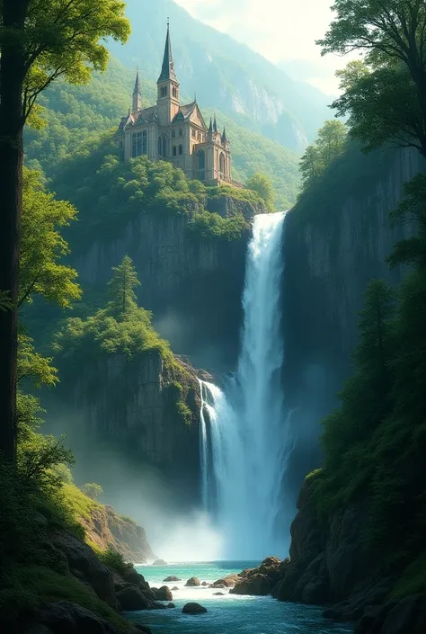 A waterfall in the forest with a church at the top