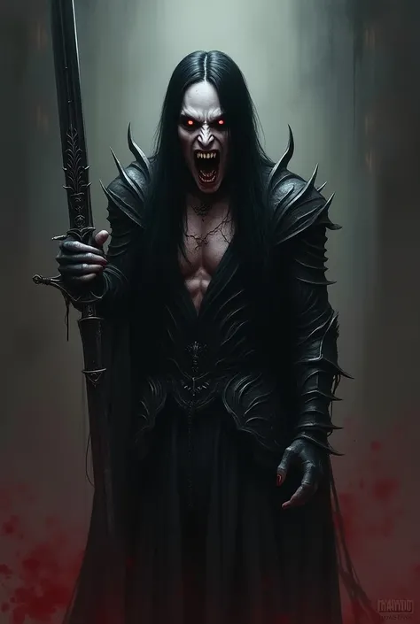 Create magic the gathering style a very pale vampire with gothic makeup with red eyes with long straight black hair with 2 giant fangs with an open mouth terrifying wearing light shimmering black armor with ornaments holding a very thin sword curved shimme...