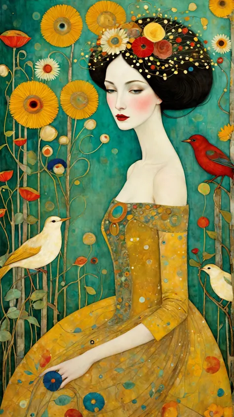 scene inspired by the enchanting art styles of Klimt, Sam Toft, Florine Stettheimer, Dina Wakley, Catrin Welz-Stein, Gabriel Pacheco, and Elisabeth Fredriks.