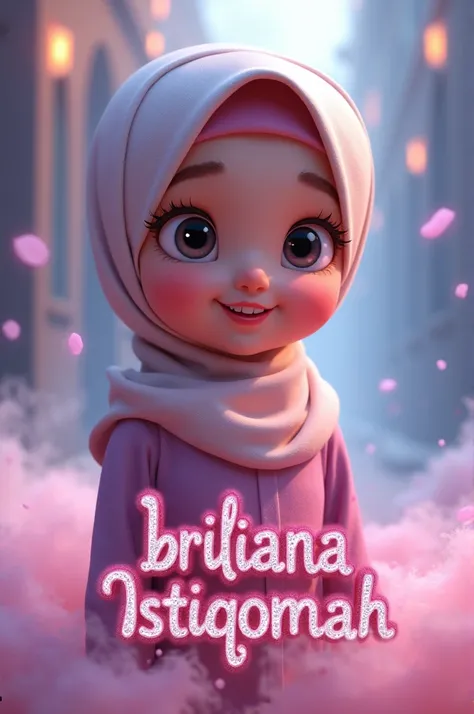 Animated cute hijab girl character with "Briliana Istiqomah" as nameplate, text in 3D effect with a lot of sparkles, magic fog surround picture.