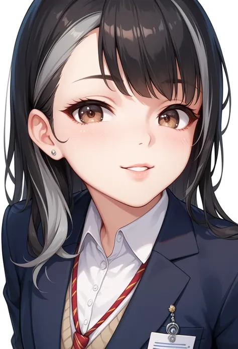 1girl, portrait, long wavy black hair with gradient gray highlights, brown eyes, honey-colored skin, wearing a school uniform blazer with a collared shirt, one eye half-closed with a disinterested expression, slender build with youthful features, smooth sk...